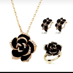 1 Set Black Rose Earrings Women's Jewelry Three-piece Set Shiny Ring & Necklace.